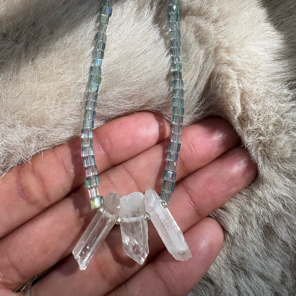 Moonlit Quartz Crystal Necklace – Iridescent Blue & Silver Beads
